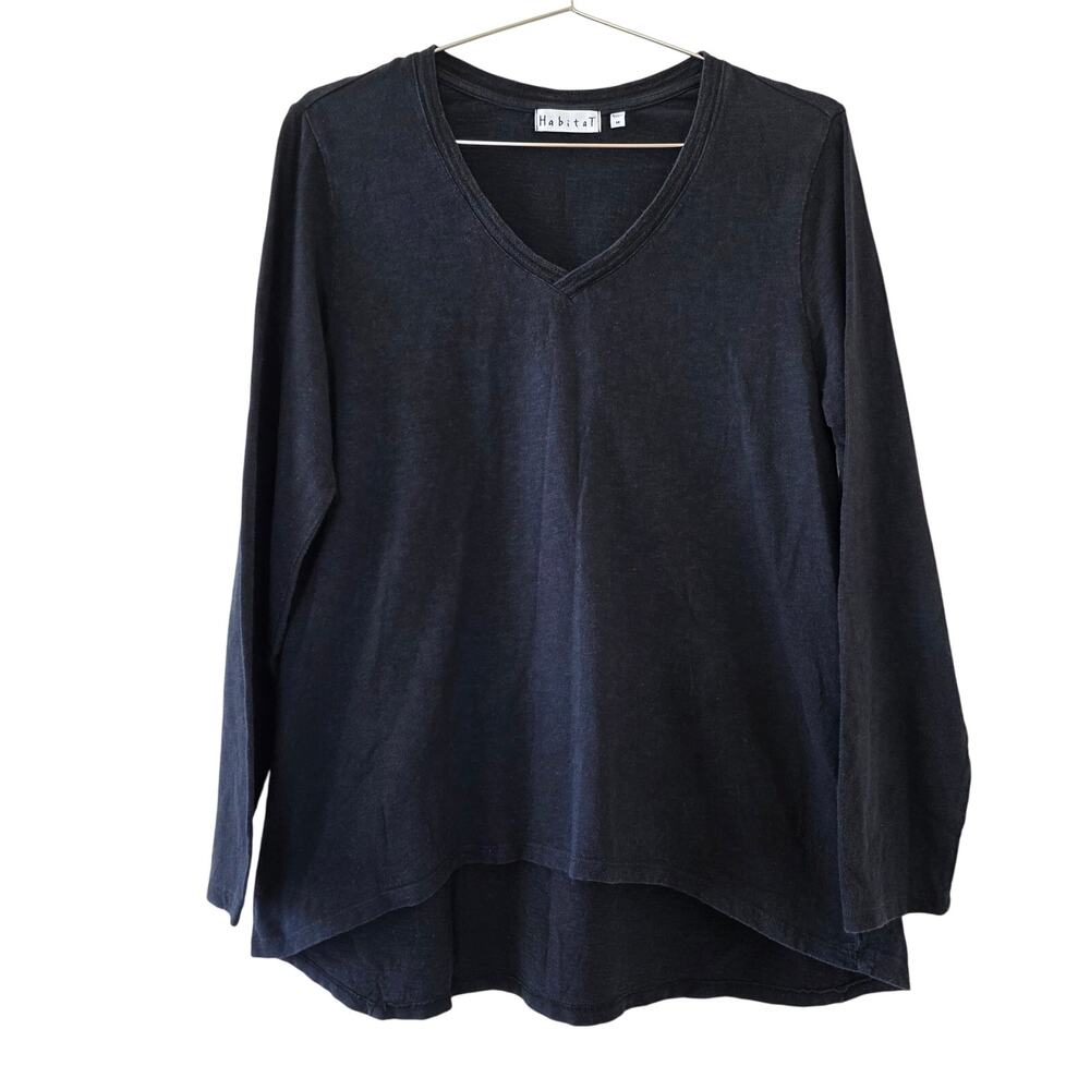 Habitat Black Long Sleeve Cotton Top Women Size M V Neck High Low Hem